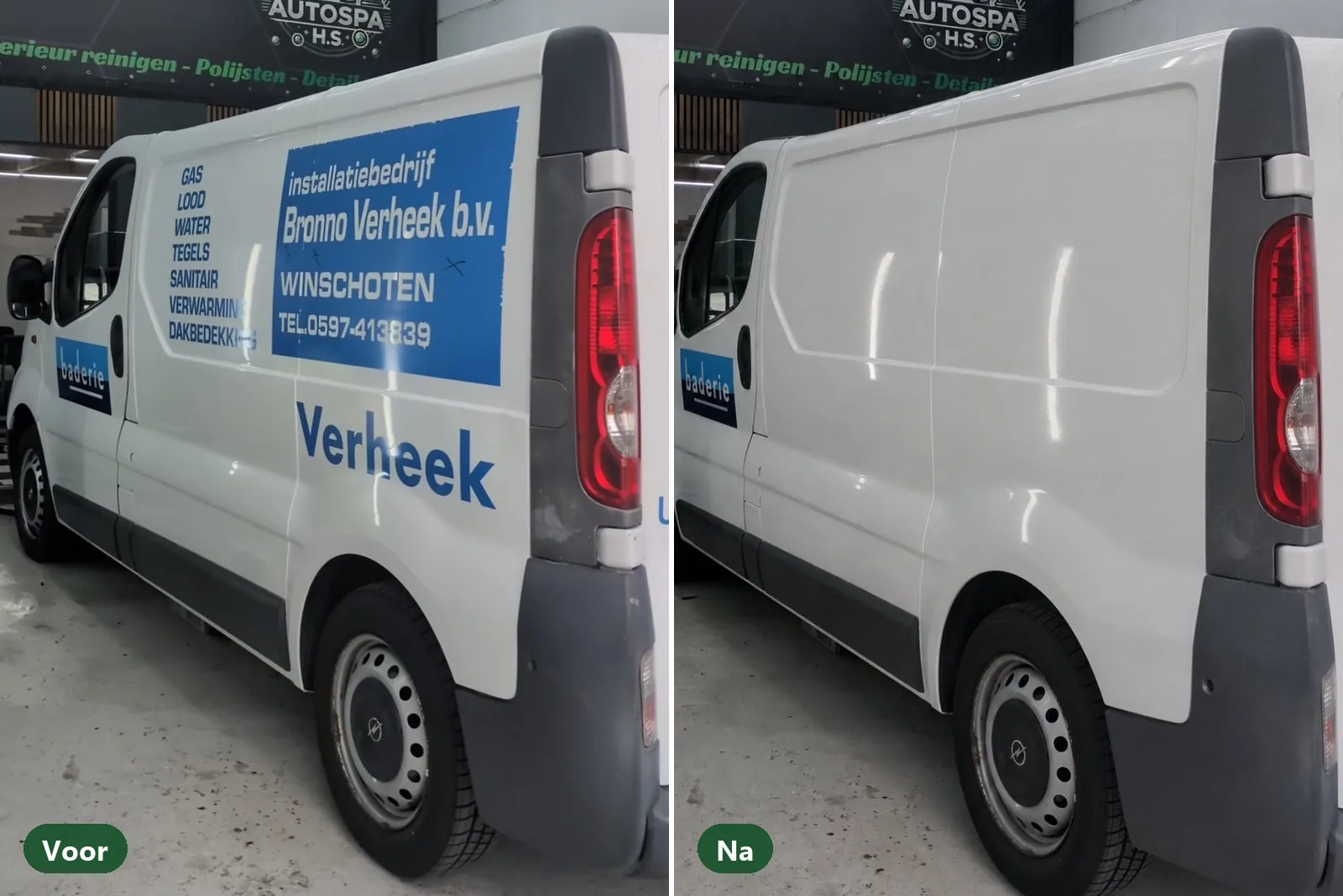 Bedrijfsbus voor en na het verwijderen van de belettering bij Autospa H.S. in Sappemeer